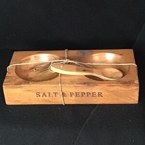 NEW Salt & Pepper Holder Dish Natural Solid Cherry Wood Block Double Pinch Bowl